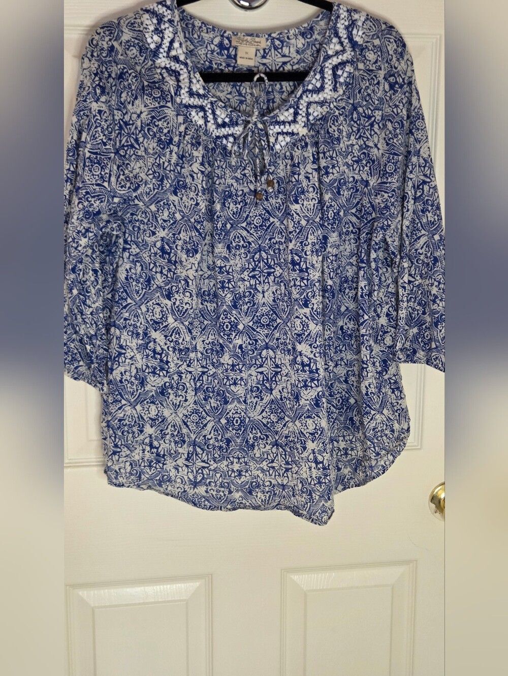 Lucky Brand 1X  Blue White Lslvs Printed Peasant Boho Women's Top Blouse